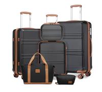Kono Set de 6 Valises de Voyage Rigide Ensemble de Valise (55/65/74cm) à 4 roulettes avec Portable Vanity Case et Pliable Sac de Voyage pour Sport avec Trousse de Maquillage, Noir/Marron