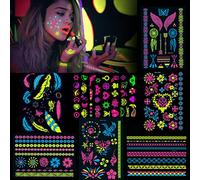 Konsait 7 grandes feuilles néon tatouages temporaires, 100+ Designs lueur UV néon corps visage bras tatouages éphémères faux autocollants de tatouage imperméables pour femmes homme filles