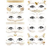 Konsait 8 feuilles Faux Tatouages Temporaires Visage Tattoos Métalliques Brillants Tatouages Éphémères Dorés Autocollants pour Femmes adultes enfants