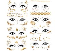 Konsait 8 feuilles Faux Tatouages Temporaires Visage Tattoos Métalliques Brillants Tatouages Éphémères Dorés Autocollants pour Femmes adultes enfants