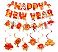 Konsait Bannière « Happy New Year » - Décorations du Nouvel An lunaire 2024 - Année du dragon - Bannière de déocration pour la maison et le bureau - Décorations du Nouvel An chinois rouge et doré