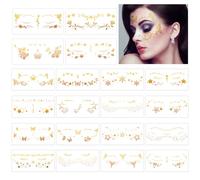 Konsait Lot de 20 feuilles de tatouages pour le visage - Doré - Tatouage étoile papillon fleurs pour adultes - Métallique pour femmes et filles - Maquillage danseur - Costume de fête