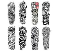 Konsait Tatouage temporaire pour homme femmes, faux Manchette tatouage Tattoo noir Autocollants body tattoo Étanche bras Tatouages éphémères, dragon, crâne, rose (8 feuilles)