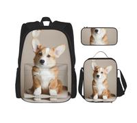 KoNsev Corgi Dog Lot de 3 sacs à dos pour école préscolaire 40,6 cm et boîte à déjeuner pour enfant du primaire Beige, Noir , Taille unique, Ensemble cartable