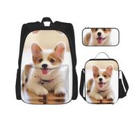 KoNsev Cute Corgi Lot de 3 sacs à dos d'école préscolaire 40,6 cm et boîte à déjeuner pour enfant du primaire, Noir , Taille unique, Ensemble cartable