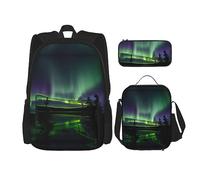 KoNsev Dark Northern Lights Lot de 3 sacs à dos d'école préscolaire 40,6 cm et boîte à déjeuner pour enfant du primaire, Noir , Taille unique, Ensemble cartable