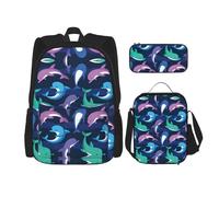KoNsev Dolphin Lot de 3 sacs à dos 40,6 cm pour école préscolaire et boîte à déjeuner pour enfant du primaire, Noir , Taille unique, Ensemble cartable