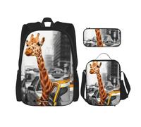 KoNsev Giraffe in New York Lot de 3 sacs à dos d'école préscolaire 40,6 cm et boîte à déjeuner pour enfant du primaire, Noir , Taille unique, Ensemble cartable