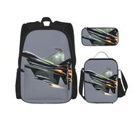 KoNsev Jet Fighter Lot de 3 sacs à dos d'école préscolaire 40,6 cm et boîte à déjeuner pour enfant du primaire, Noir , Taille unique, Ensemble cartable