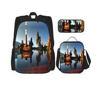 KoNsev Lake Guitar Reflection Lot de 3 sacs à dos d'école préscolaire 40,6 cm et boîte à déjeuner pour enfant du primaire, Noir , Taille unique, Ensemble cartable