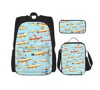 KoNsev Lot de 3 petits avions de dessin animé 40,6 cm Sac à dos d'école préscolaire et boîte à déjeuner pour enfant du primaire, Noir , Taille unique, Ensemble cartable