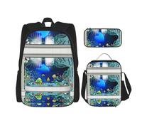 KoNsev Lot de 3 sacs à dos 3D avec motif de poissons du monde sous-marin - 40,6 cm - Sac à dos d'école préscolaire et boîte à déjeuner pour enfant du primaire, Noir , Taille unique, Ensemble cartable