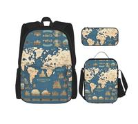 KoNsev Lot de 3 sacs à dos avec carte du monde 40,6 cm pour l'école préscolaire et boîte à déjeuner pour enfant du primaire, Noir , Taille unique, Ensemble cartable
