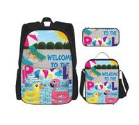 KoNsev Lot de 3 sacs à dos avec flamant rose et piscine 40,6 cm pour l'école préscolaire et boîte à déjeuner pour enfant du primaire, Noir , Taille unique, Ensemble cartable