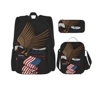 KoNsev Lot de 3 sacs à dos avec motif aigle patriotique des États-Unis avec drapeau américain 40,6 cm Sac à dos d'école préscolaire et boîte à déjeuner pour enfant du primaire, Noir , Taille unique,