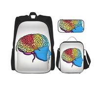 KoNsev Lot de 3 sacs à dos cerveau gauche et droit 40,6 cm pour l'école préscolaire et boîte à déjeuner pour enfant du primaire, Noir , Taille unique, Ensemble cartable