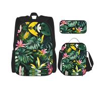 KoNsev Lot de 3 sacs à dos de 40,6 cm avec feuilles tropicales et boîte à déjeuner pour enfant du primaire, Noir , Taille unique, Ensemble cartable