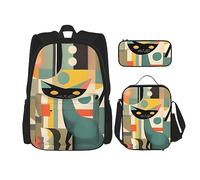KoNsev Lot de 3 sacs à dos de 40,6 cm avec motif chat d'art moderne du milieu du siècle, sac à dos et boîte à déjeuner pour enfant du primaire, Noir , Taille unique, Ensemble cartable