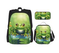 KoNsev Lot de 3 sacs à dos de 40,6 cm avec motif grenouille de dessin animé et boîte à déjeuner pour enfant du primaire, Noir , Taille unique, Ensemble cartable