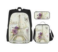 KoNsev Lot de 3 sacs à dos de 40,6 cm avec motif Tour Eiffel et boîte à déjeuner pour enfant du primaire, Noir , Taille unique, Ensemble cartable