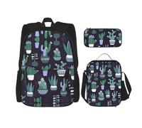 KoNsev Lot de 3 sacs à dos de 40,6 cm avec plante succulente de cactus et boîte à déjeuner pour enfant du primaire, Noir , Taille unique, Ensemble cartable