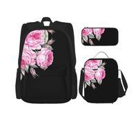 KoNsev Lot de 3 sacs à dos de 40,6 cm pour l'école préscolaire et boîte à déjeuner pour enfant du primaire Motif fleurs roses, Noir , Taille unique, Ensemble cartable