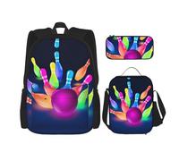 KoNsev Lot de 3 sacs à dos d'école préscolaire avec motif boules de couleurs 40,6 cm et boîte à déjeuner pour enfant du primaire, Noir , Taille unique, Ensemble cartable