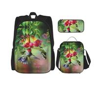 KoNsev Lot de 3 sacs à dos d'écolier et boîte à déjeuner Motif colibri 40,6 cm, Noir , Taille unique, Ensemble cartable