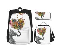 KoNsev Lot de 3 sacs à dos éléphant avec fleur en forme de cœur 40,6 cm Sac à dos d'école préscolaire et boîte à déjeuner pour enfant du primaire, Noir , Taille unique, Ensemble cartable