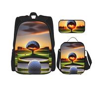 KoNsev Lot de 3 sacs à dos Golf and Turf de 40,6 cm pour école préscolaire et boîte à déjeuner pour enfant du primaire, Noir , Taille unique, Ensemble cartable