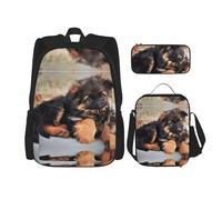 KoNsev Lot de 3 sacs à dos mignon berger allemand 40,6 cm Sac à dos d'école préscolaire et boîte à déjeuner pour enfant du primaire, Noir , Taille unique, Ensemble cartable