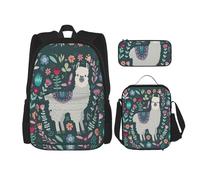 KoNsev Lot de 3 sacs à dos motif lama floral mignon de 40,6 cm pour l'école préscolaire et boîte à déjeuner pour enfant du primaire, Noir , Taille unique, Ensemble cartable