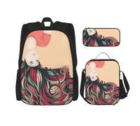 KoNsev Lot de 3 sacs à dos pour femme avec de longs cheveux colorés suspendus à l'envers 40,6 cm Sac à dos d'école préscolaire et boîte à déjeuner pour enfant du primaire, Noir , Taille unique,