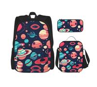KoNsev Lot de 3 sacs à dos Space Planets de 40,6 cm pour l'école préscolaire et boîte à déjeuner pour enfant du primaire, Noir , Taille unique, Ensemble cartable
