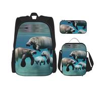 KoNsev Manatee Animals Lot de 3 sacs à dos d'école préscolaire 40,6 cm et boîte à déjeuner pour enfant du primaire, Noir , Taille unique, Ensemble cartable