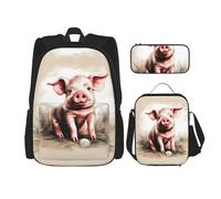 KoNsev Naughty Pig Baby Lot de 3 sacs à dos d'école préscolaire 40,6 cm et boîte à déjeuner pour enfant du primaire, Noir , Taille unique, Ensemble cartable