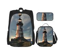 KoNsev Old Lighthouse Lot de 3 sacs à dos d'école préscolaire 40,6 cm et boîte à déjeuner pour enfant du primaire, Noir , Taille unique, Ensemble cartable