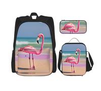 KoNsev One Flamingo On Beach Lot de 3 sacs à dos d'école préscolaire 40,6 cm et boîte à déjeuner pour enfant du primaire, Noir , Taille unique, Ensemble cartable