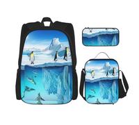 KoNsev Penguins On The Iceberg Lot de 3 sacs à dos d'école préscolaire 40,6 cm et boîte à déjeuner pour enfant du primaire, Noir , Taille unique, Ensemble cartable