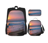 KoNsev Sunset Beach Lot de 3 sacs à dos d'école préscolaire 40,6 cm et boîte à déjeuner pour enfant du primaire, Noir , Taille unique, Ensemble cartable