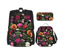 KoNsev Thug Life Flowers Lot de 3 sacs à dos d'école préscolaire 40,6 cm et boîte à déjeuner pour enfant du primaire, Noir , Taille unique, Ensemble cartable