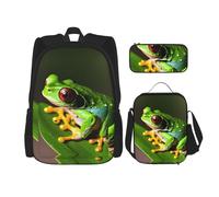 KoNsev Tree Frog Baby Lot de 3 sacs à dos d'école préscolaire 40,6 cm et boîte à déjeuner pour enfant du primaire, Noir , Taille unique, Ensemble cartable