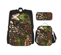KoNsev Wild Mushroom Lot de 3 sacs à dos d'école préscolaire 40,6 cm et boîte à déjeuner pour enfant du primaire, Noir , Taille unique, Ensemble cartable