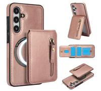 Konstreet Coque 2 en 1 magnétique amovible pour Samsung Galaxy S23 avec 4 emplacements pour cartes, 1 sac à fermeture éclair et support de blocage RFID - Support de chargement sans fil - Or rose