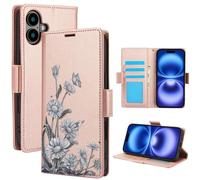 Konstreet Coque pour iPhone 16 Pro - Imprimé floral chrysanthème - Fermeture magnétique - Fermeture magnétique - Coutures colorées - Dragonne - Or rose