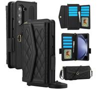 Konstreet Étui portefeuille pour Samsung Galaxy Z Fold 7 - Motif de couture - Porte-cartes RFID - Sangle bandoulière avec fente pour stylo S - Étui à rabat de protection intégrale pour femme (noir)