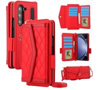 Konstreet Étui portefeuille pour Samsung Galaxy Z Fold 7 - Motif de couture - Porte-cartes RFID - Sangle bandoulière avec fente pour stylo S - Étui à rabat de protection intégrale pour femme (rouge)