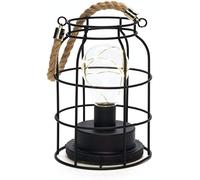 Konstsmide 1815-700 Lanterne filaire avec micro lumières Poignée en corde/Lampe noire/Minuteur 6 heures / 3 piles AA (Excl. Guirlande lumineuse à 9 LED blanc chaud, Métal Plastique, Round