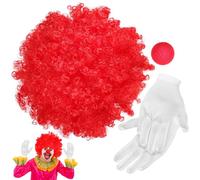 KONTONTY Ensemble Accessoires Clown 3 Pièces - Postiche Rouge Unie Nez Rouge et Moufles Blancs - Cosplay Carnaval Fête Halloween Scène Adulte et Garçon et Filles