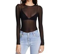 Konxi Haut Transparent Noir Femme Manches Longues Top en Maille Body (FR/ES, Alpha/Lettres, XS, Taille Normale)